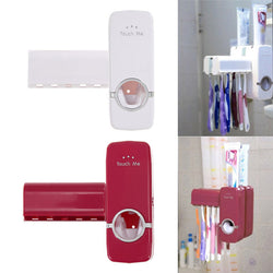 Automatic Toothpaste Dispenser and 5 Toothbrush Holder Set Wall Mount Stand Plastic